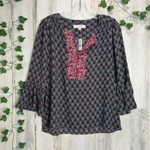 Loft Light Blue Green Red Damask Floral Bell Sleeve Blouse Top XSmall nwt